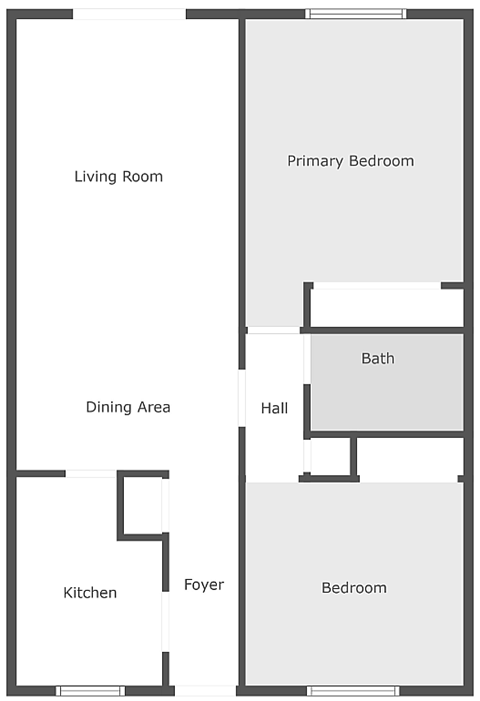 A floor plan of a house with a living room, dining area, kitchen, foyer, hall, bath, and bedroom.